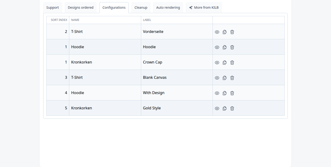 Merchant backend listing all designer configurations