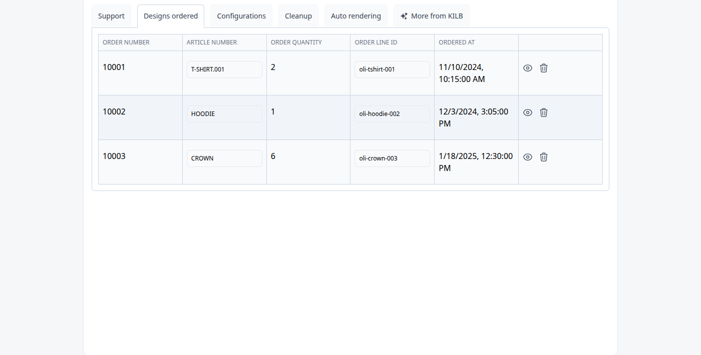 Merchant backend listing designs ordered by customers