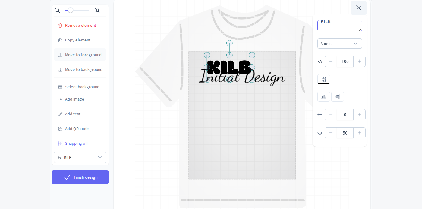KILB Product Designer canvas with a custom text design on a T-shirt
